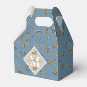 Dusty Blue Rustic Brown Leaves Monogrammed Favour Box