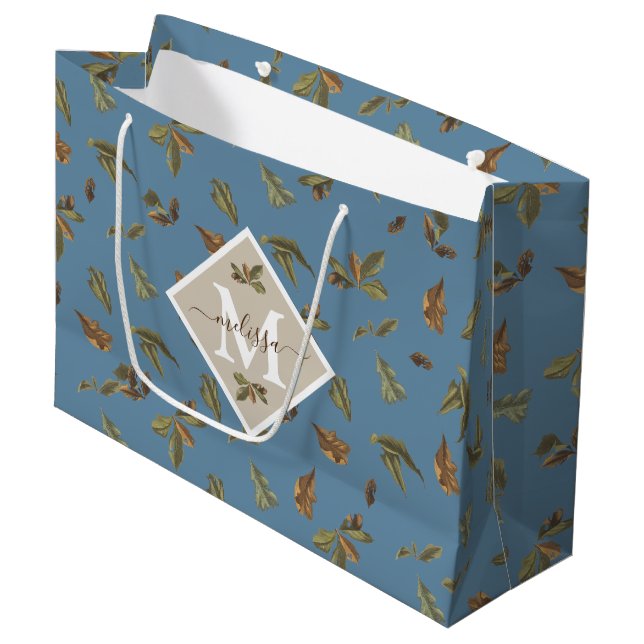 Dusty Blue Rustic Brown Leaves Monogrammed  Large Gift Bag (Front Angled)