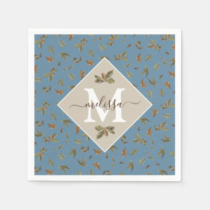 Dusty Blue Rustic Brown Leaves Monogrammed Napkin
