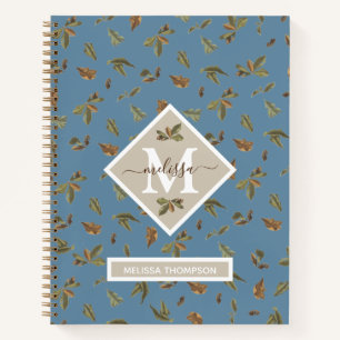 Dusty Blue Rustic Brown Leaves Monogrammed  Notebook