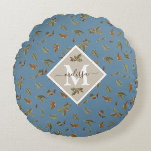 Dusty Blue Rustic Brown Leaves Monogrammed Round Cushion
