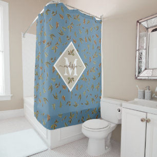 Dusty Blue Rustic Brown Leaves Monogrammed Shower Curtain