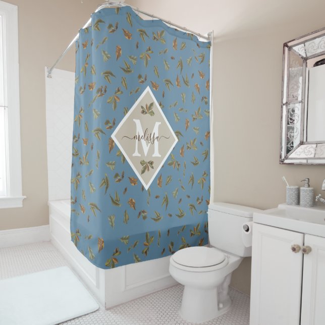 Dusty Blue Rustic Brown Leaves Monogrammed  Shower Curtain (In Situ)
