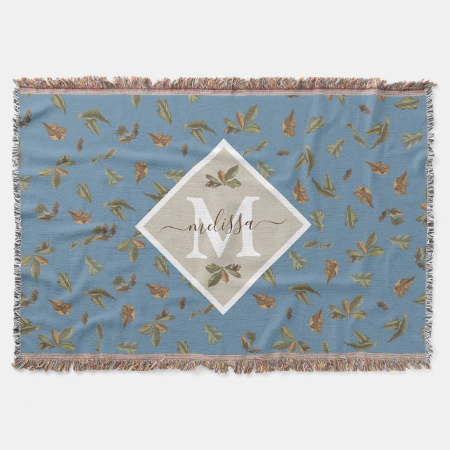 Dusty Blue Rustic Brown Leaves Monogrammed Throw Blanket (Front)