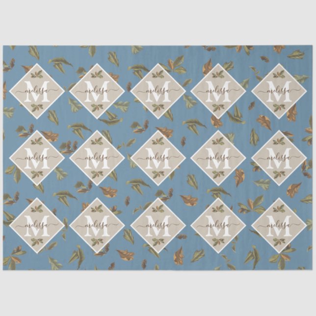 Dusty Blue Rustic Brown Leaves Monogrammed Tissue Paper (Front)