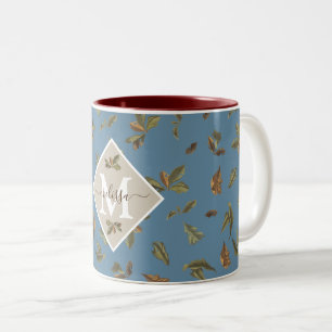 Dusty Blue Rustic Brown Leaves Monogrammed  Two-Tone Coffee Mug