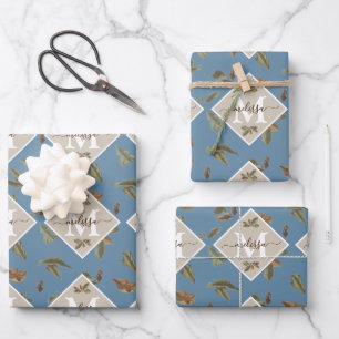 Dusty Blue Rustic Brown Leaves Monogrammed Wrapping Paper Sheet