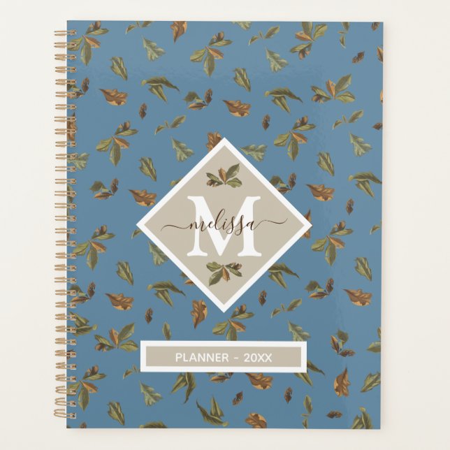 Dusty Blue Rustic Brown Leaves Monogrammed Yearly Planner (Front)