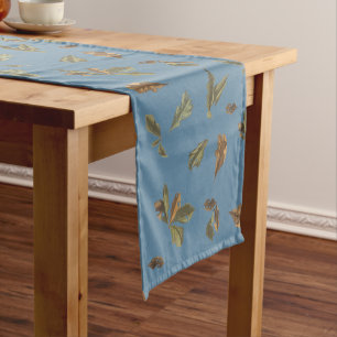 Dusty Blue Rustic Brown Leaves Short Table Runner