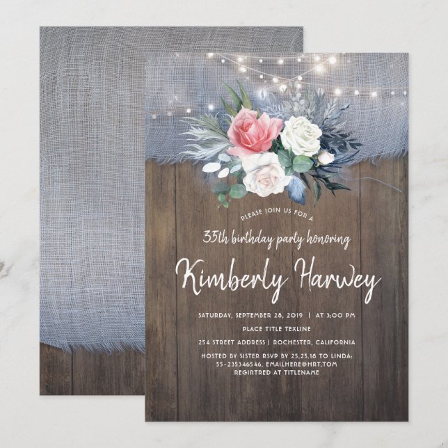 Dusty Blue Rustic Country Floral Birthday Invitation (Front/Back)
