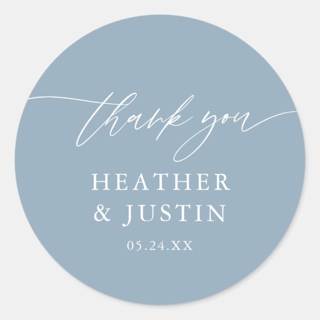 Dusty Blue Rustic Elegant Wedding Thank You Classic Round Sticker (Front)
