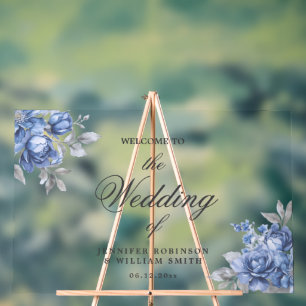 Dusty Blue Rustic Floral Elegant Script Wedding  Acrylic Sign