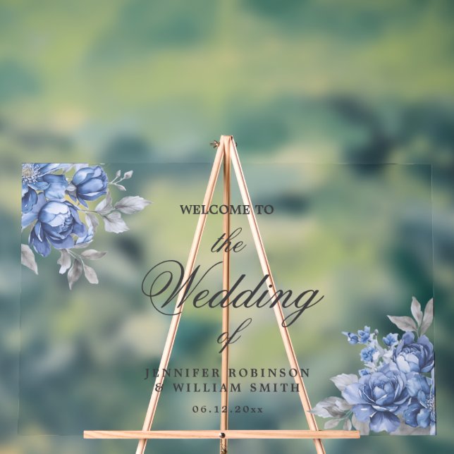 Dusty Blue Rustic Floral Elegant Script Wedding  Acrylic Sign (Neutral)