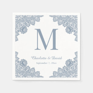 Dusty Blue Rustic Floral Lace Monogram Wedding Napkin