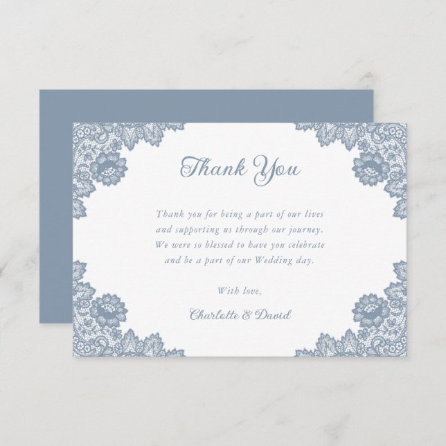 Dusty Blue Rustic Floral Lace Wedding Thank You Card (Front/Back)