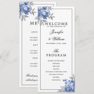 Dusty Blue Rustic Floral Wedding Program Menu Invitation