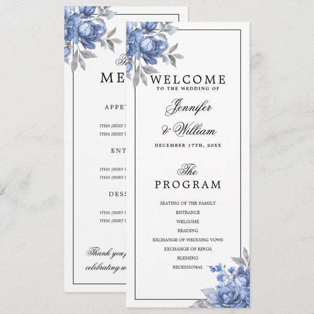 Dusty Blue Rustic Floral Wedding Program Menu Invitation (Front/Back)