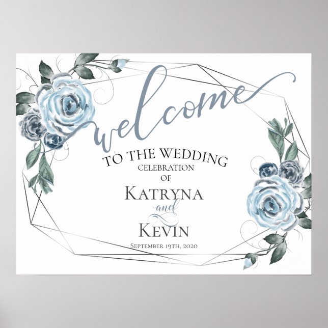 Dusty Blue Rustic Floral Wedding Welcome Poster (Front)