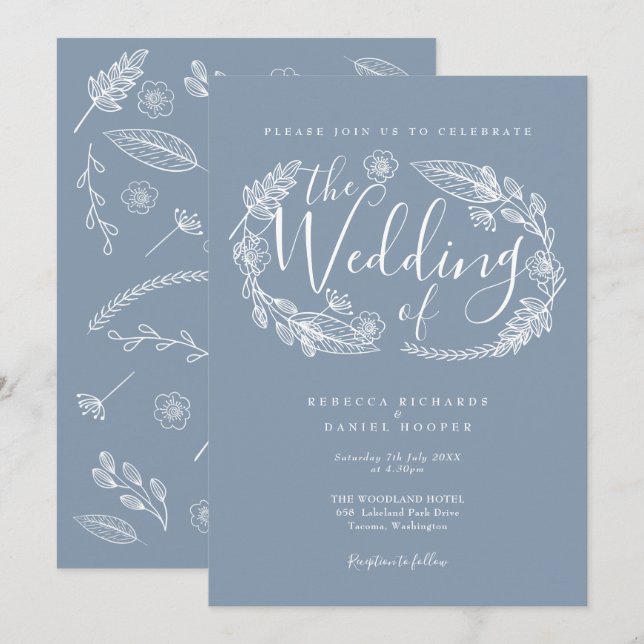 Dusty Blue Rustic Hand-drawn Floral Script Wedding Invitation (Front/Back)