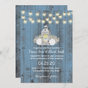 Dusty Blue Rustic Lantern & String Lights Wedding Invitation