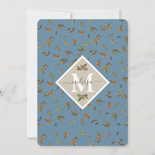 Dusty Blue Rustic Leaves Monogrammed Note Card (Front)