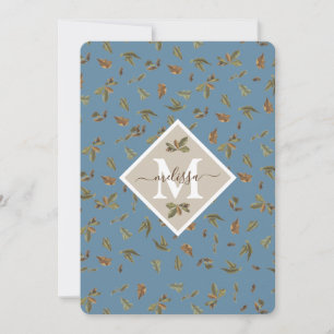 Dusty Blue Rustic Leaves Monogrammed Note Card