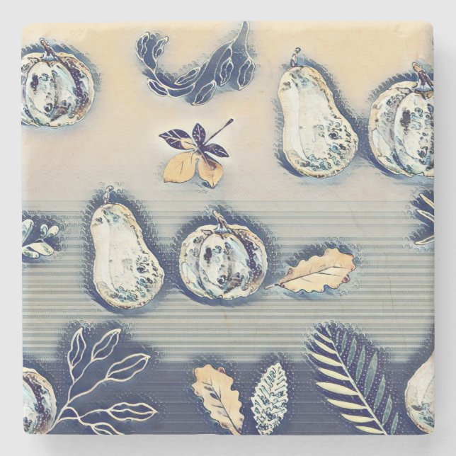 dusty blue Rustic Pumpkin & Autumn Leaf Stone Coaster (Front)