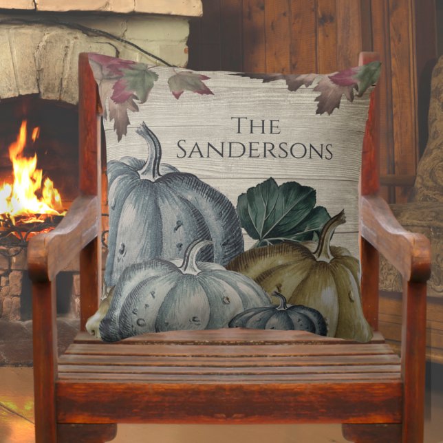  Dusty Blue Rustic Pumpkin Fall Leaves Wood Cushion (Creator Uploaded)