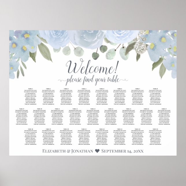 Dusty Blue Rustic Roses 25 Table Seating Chart (Front)