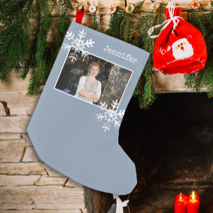 Dusty Blue Rustic Snowflake Custom Photo  Small Christmas Stocking