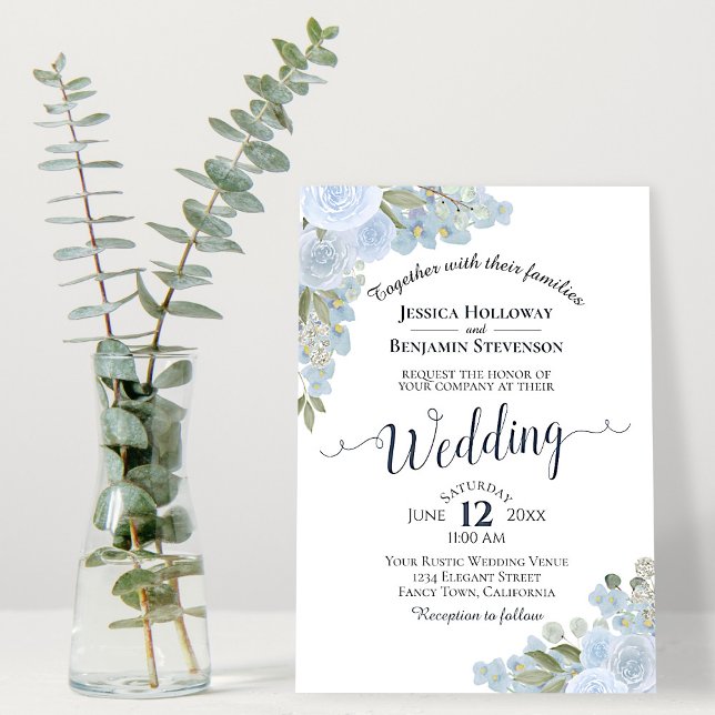 Dusty Blue Rustic White Watercolor Floral Wedding Invitation (Creator Uploaded)