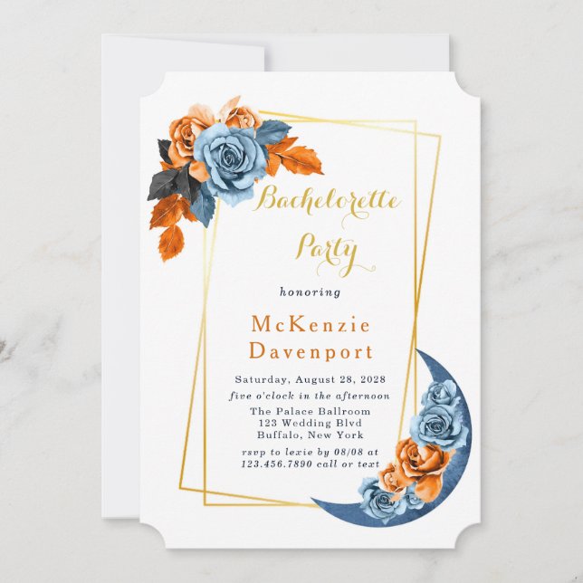 Dusty Blue & Rusty Peony Floral Bachelorette Party Invitation (Front)