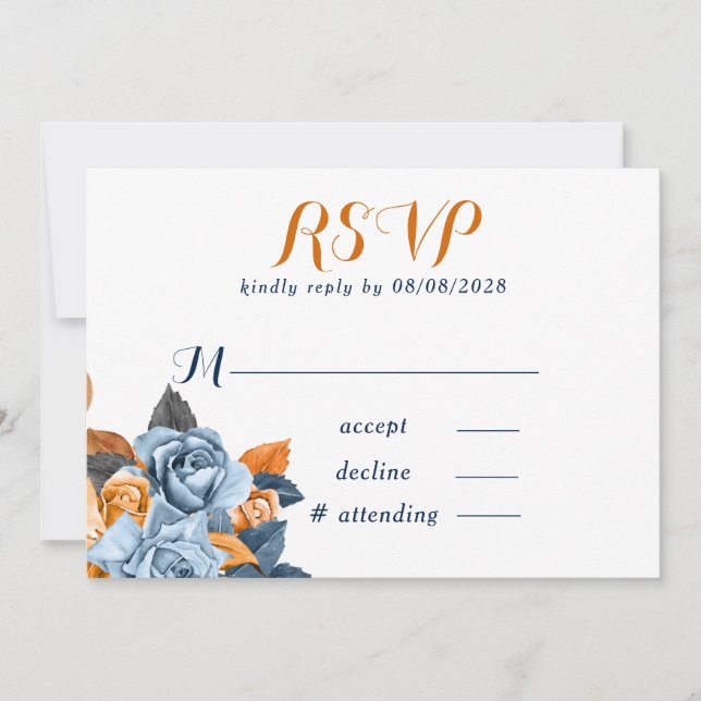 Dusty Blue & Rusty Peony Floral Wedding RSVP Cards (Front)