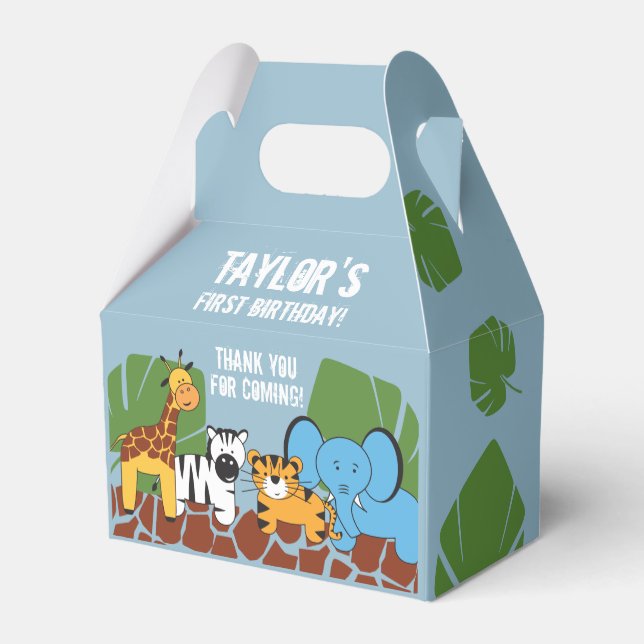 Dusty Blue Safari Animal First Birthday Party  Favour Box (Back Side)