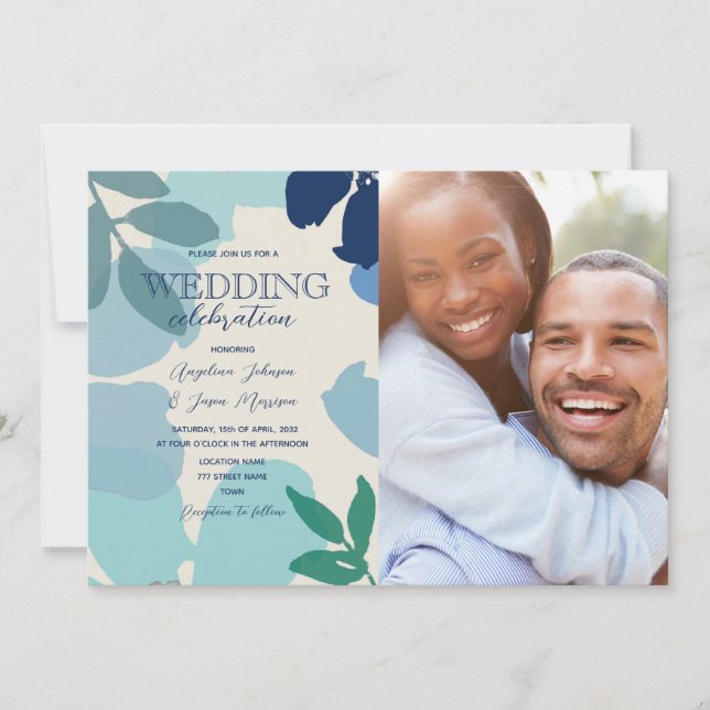 Dusty Blue Sage Boho Photo Wedding Invitation (Front)