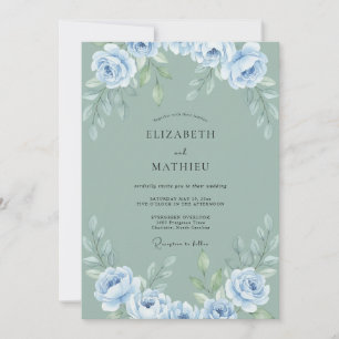 Dusty Blue Sage Floral Romance Wedding Invitation
