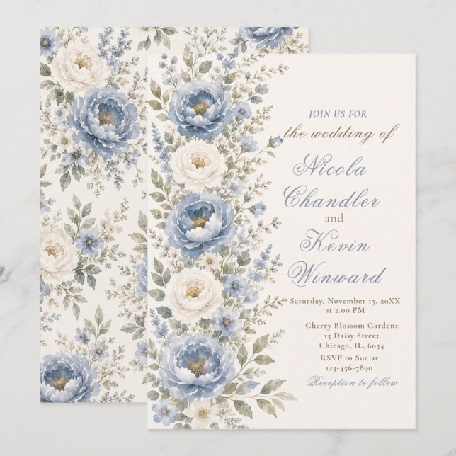 Dusty Blue & Sage Floral Wedding Invitation (Front/Back)