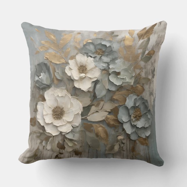 Dusty Blue Sage Gold Cream Farmhouse Floral Cushion (Front)