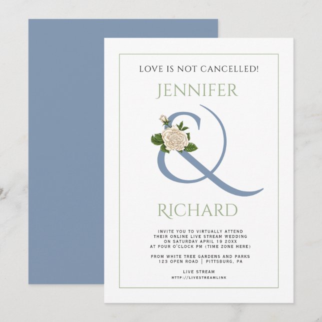 Dusty blue sage green ampersand virtual wedding invitation (Front/Back)