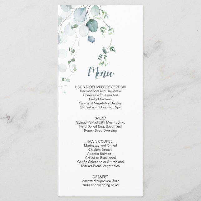 Dusty Blue Sage Green Eucalyptus Botanical Wedding Menu (Front)