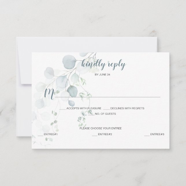 Dusty Blue & Sage Green Eucalyptus Meal Selection RSVP Card (Front)