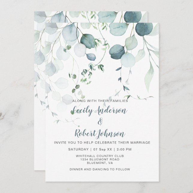 Dusty Blue & Sage Green Eucalyptus on White Invitation (Front/Back)