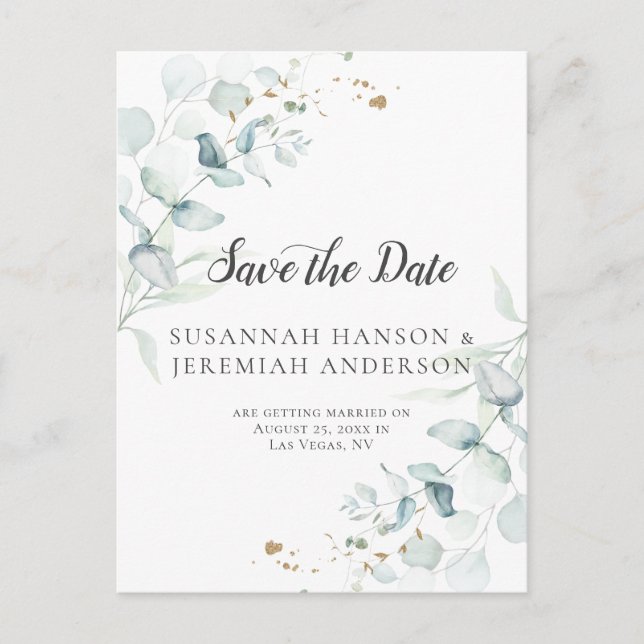 Dusty Blue Sage Green Eucalyptus Save The Date | Announcement Postcard (Front)