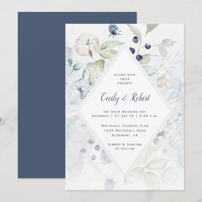 Dusty Blue Sage Green Floral Diamond Frame Wedding Invitation (Front/Back)