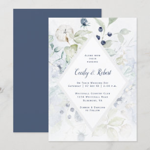 Dusty Blue Sage Green Floral Diamond Frame Wedding Invitation