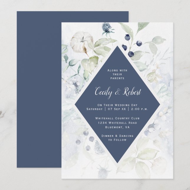 Dusty Blue Sage Green Floral Diamond Frame Wedding Invitation (Front/Back)