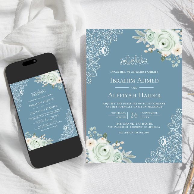 Dusty Blue Sage Green Floral Lace Muslim Wedding Invitation (Creator Uploaded)
