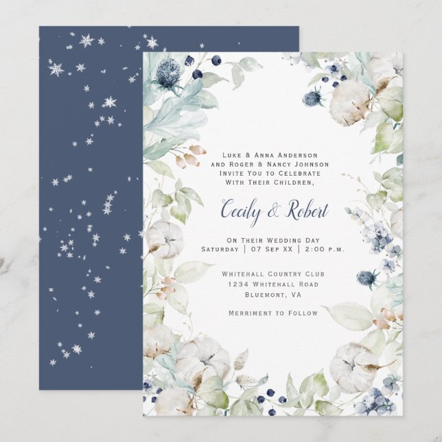 Dusty Blue Sage Green Floral Snowflakes Wedding Invitation (Front/Back)