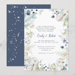Dusty Blue Sage Green Floral Snowflakes Wedding Invitation