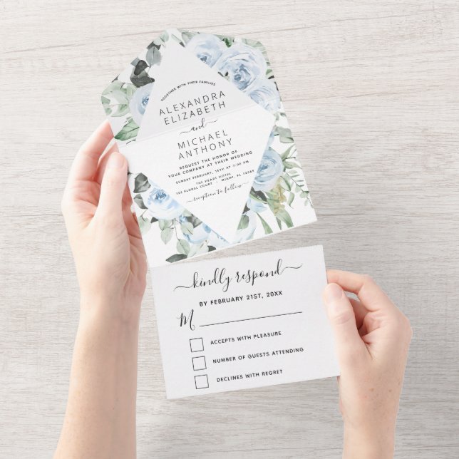 Dusty Blue - Sage Green Floral Wedding Invitation (Tearaway)